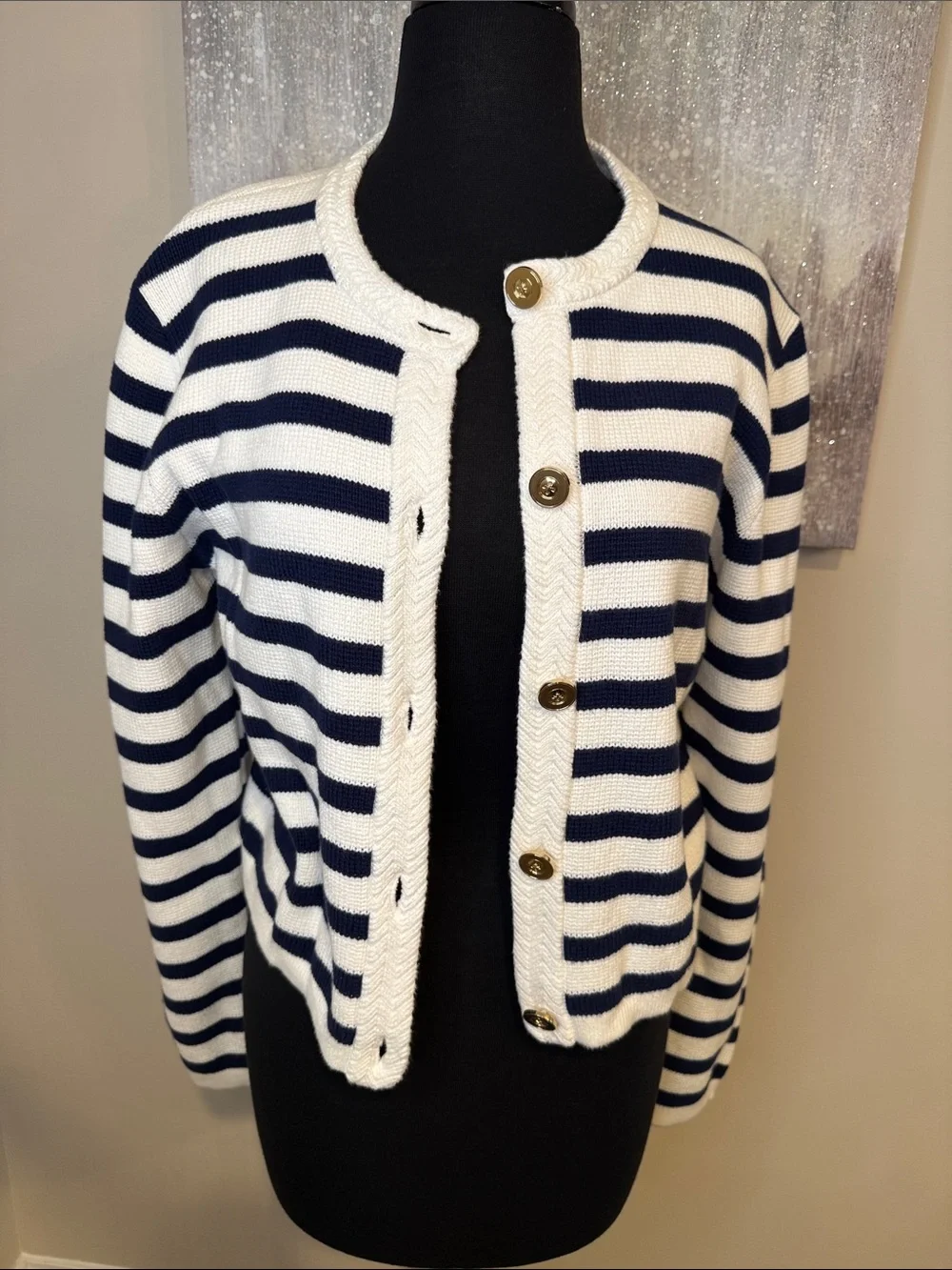 J Crew Striped Navy and White Knit Cardigan size small